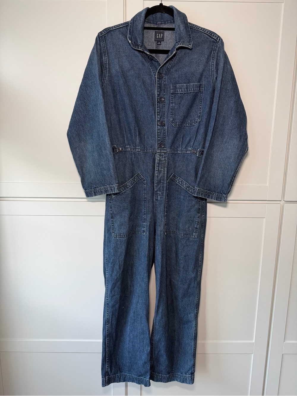 Gap Blue Denim Long Sleeve Button Up Jean Jumpsuit Coveralls Classic Wide Leg